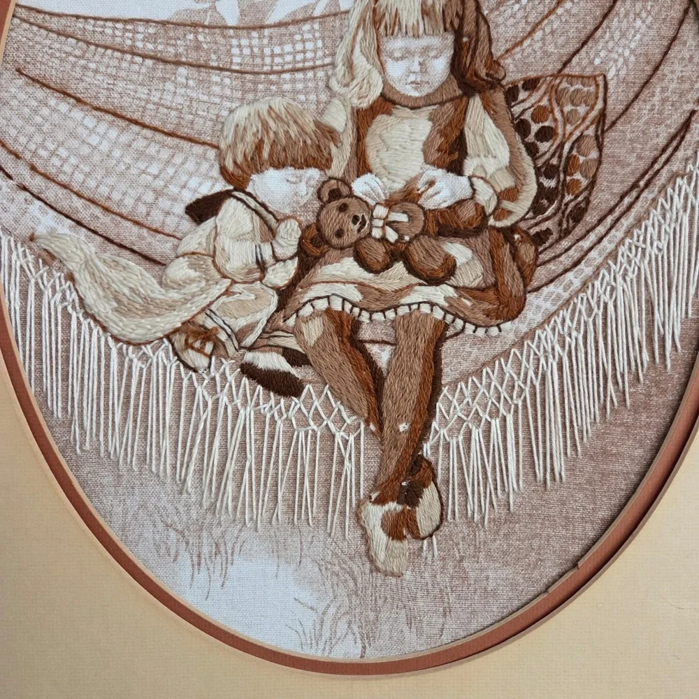 Vintage Crewel Embroidery Framed Art Children in Hammock Teddy Bear Cottagecore